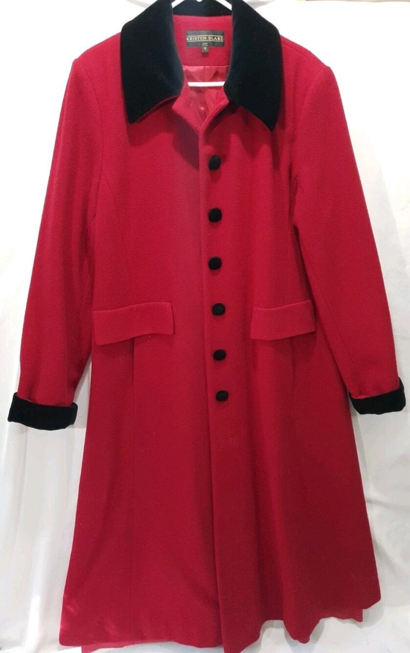 Vintage Kristen Blake Red 100% Wool DressCoat VelvetCollar LongTrench Womens 16